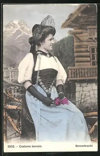 AK Schweiz, Bernertracht, Junge Frau mit Hut und Blume