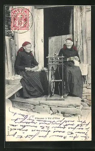 AK Val-d`Illiez, Fileuses, Zwei alte Frauen am Spinnrad
