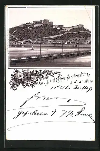 Vorläufer-Lithographie Koblenz, 1894, Blick zur Festung Ehrenbreitstein