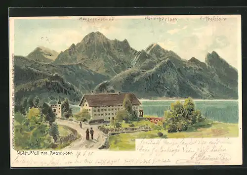 Lithographie Kochel am See, Hotel Neu-Joch Herzogstand, Heimgarten und Rötelstein