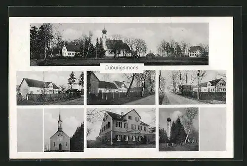 AK Ludwigsmoos, verschiedene Gebäudeansichten, Kirche
