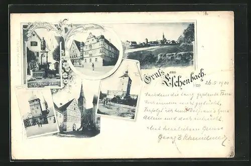 AK Eschenbach / Mfr., Rathaus, Oberer Thurm, Wolfram Denkmal, Unterer Turm