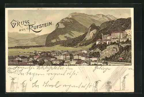 Lithographie Kufstein, Ortsansicht gegen die Alpen