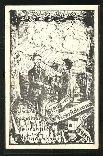 Künstler-AK Verbrüderungsfest 1909, zwei Herren reichen sich die Hand und blicken auf die Stadt
