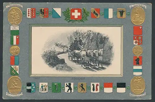 Passepartout-Lithographie Alpenpost und Schweizer Wappen