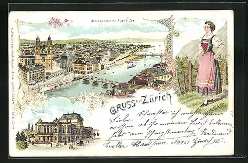 Lithographie Zürich, Theater, Grossmünster mit Alpen und See