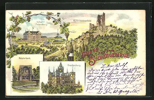 Lithographie Drachenfels, Drachenburg, Heisterbach, Hotel Petersberg, Ruine Drachenfels