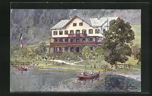 Künstler-AK Urfeld am Walchensee, Wiesmayers Hotel Post und Jäger am See