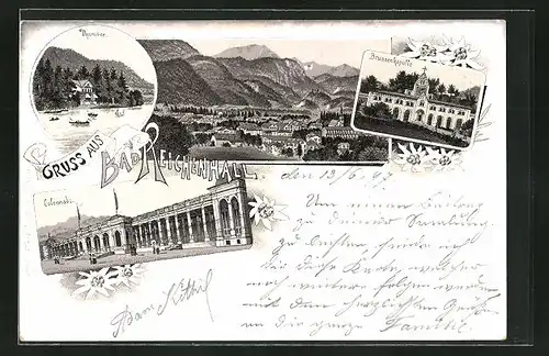 Lithographie Bad Reichenhall, Thumsee, Brunnenkapelle, Colonnade, Ortspanorama