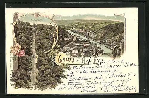 Lithographie Bad Ems, Malbergbahn, Panoramablick auf den Ort