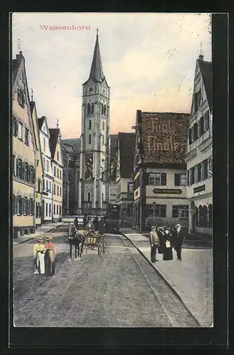 AK Weissenhorn, Passanten und Geschäfte an der Kirche