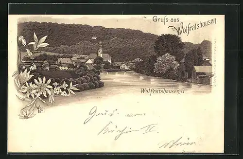 Lithographie Wolfrathshausen, Teilansicht der Ortschaft