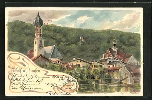Künstler-Lithographie E. Keppler: Wolfratshausen, Teilansicht mit Kirche