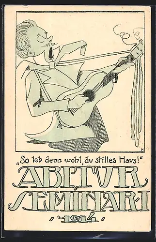 Künstler-AK Abitur Seminar 1914, Student spielt Gitarre