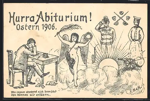 Künstler-AK Abiturium 1906, Student lernt über Engel und Soldaten mit Kanonen
