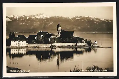 AK Wasserburg a. B., Uferpartie mit Bergpanorama