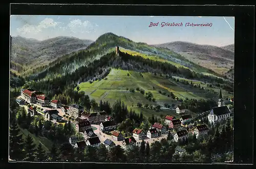 AK Bad Griesbach /Schwarzwald, Teilansicht mit Kirche
