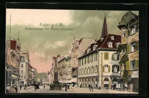 AK Freiburg i. B., Kaiserstrasse mit Hemdengeschäft Wilhelm Herr und Bertholdbrunnen