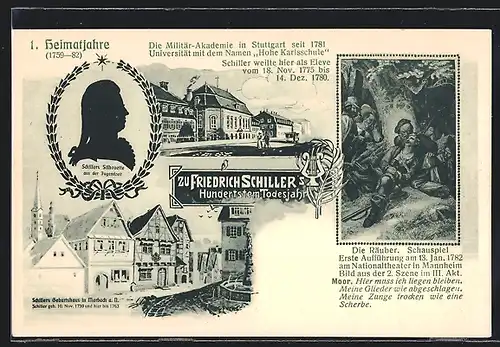 AK Stuttgart, Zu Friedrich Schillers 100. Todesjahr, Militär-Akademie, Schillers Geburtshaus in Marbach, Silhouette