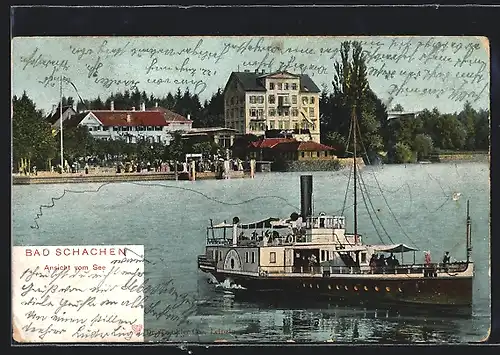 AK Bad Schachen, Ansicht vom See her, Dampfer
