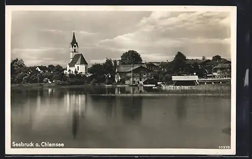 AK Seebruck a. Chiemsee, Uferpartie mit Kirche
