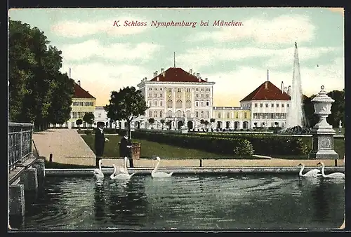 AK München-Nymphenburg, Schloss mit Parkanlage, Springbrunnen und Wasser mit Schwänen