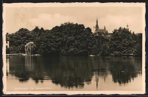 AK Waldenburg i. Sa., Schwanenteich mit Kirche