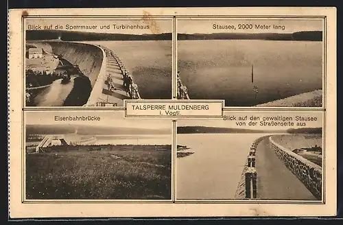 AK Muldenberg / Vogtland, Blick auf die Sperrmauer und Turbinenhaus, Eisenbahnbrücke, Stausee, 2000m. lang