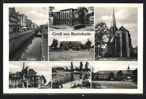 AK Buxtehude, 1000 Jahre Buxtehude 959-1959, St. Petri-Kirche, Kaserne, Staatsbauschule