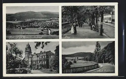 AK Detmold, Panoramaansicht mit Hermanndenkmal, Allee, Schloss