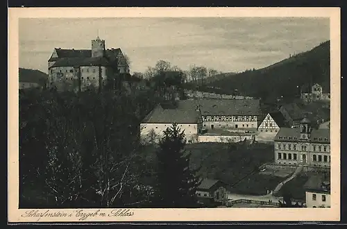 AK Scharfenstein i. Erzgeb., Ortspartie mit Schloss