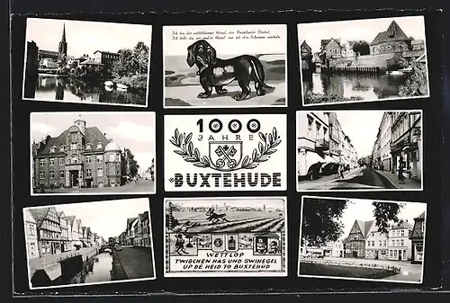 AK Buxtehude, 1000 Jahre Buxtehude, Strassenpartie mit Geschäft, Uferpartie, Dackel