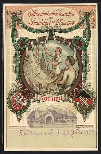 AK 11. deutsches Turnfest in Frankfurt am Main 1908, Turner hissen eine Fahne, Wappen