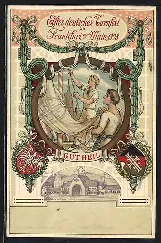 AK 11. deutsches Turnfest in Frankfurt am Main 1908, Turner hissen eine Fahne, Wappen
