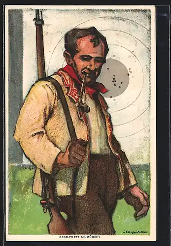 AK Schweizerischer Schützenverein 1824-1924, Schütze vor Schiessscheibe nach erfolgreichen Schüssen