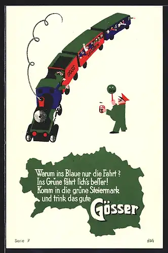 AK Gösser-Brauerei A.-G., Eisenbahn und Landkarte der Steiermark, Brauerei-Werbung