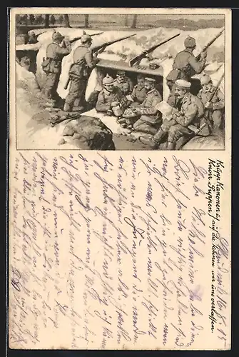 AK Soldaten mit Gewehren im Schützengraben, Reklame für Krupp Kanonen und Knorr-Suppen