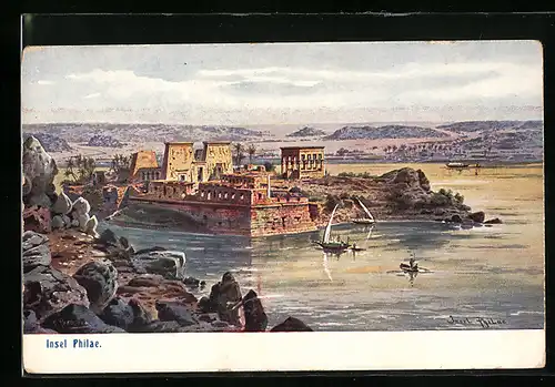 Künstler-AK Friedrich Perlberg: Insel Philae, Gesamtansicht