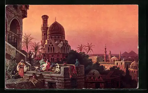 Künstler-AK Kairo, Die Pyramiden im Schein der untergehenden Sonne
