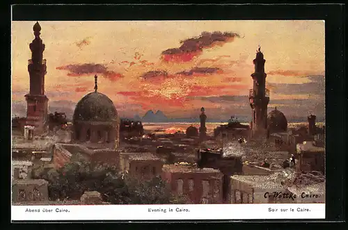 Künstler-AK Cairo, Abenddämmerung, in der Ferne die Pyramiden