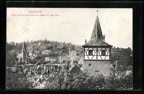 AK Kulmbach, Blick von der Plassenburg auf katholische Kirche und roten Turm