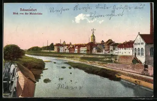 AK Schweinfurt, Blick von der Mainbrücke auf den Ort