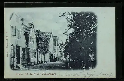 Mondschein-AK York im Altenlande, Strassenpartie mit Anwohnern