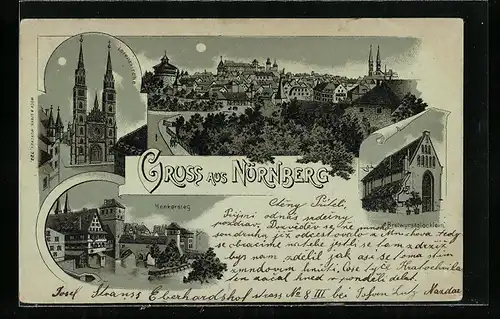 Lithographie Nürnberg, Gasthaus Bratwurstglöcklein, Lorenzkirche, Henkersteg