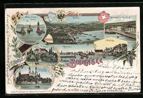 Lithographie Konstanz /Bodensee, Uferpartie, Schloss Mainau, Bahnhof & Hafen Rorschach