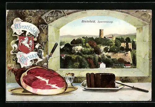 Grusskarten-AK Bielefeld, Blick zur Burg Sparrenburg, Schinken und Brot, Wappen