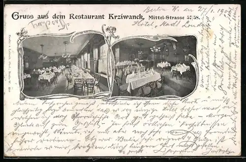 AK Berlin, Restaurant Krziwanek, Mittel-Str. 57-58, Innenansichten