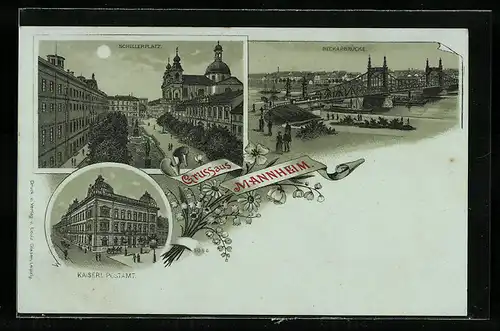 AK Mannheim, Neckarbrücke, Schillerplatz, Kaiserl. Postamt