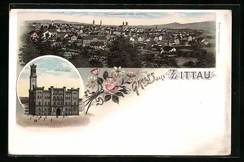 Lithographie Zittau, Totalansicht, Rathaus