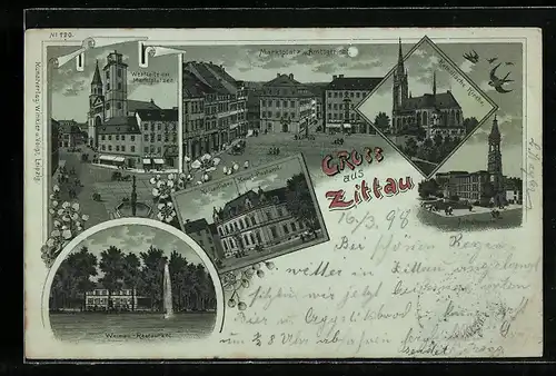 Lithographie Zittau, Restaurant Weinau, Westseite des Marktplatzes, Katholische Kirche